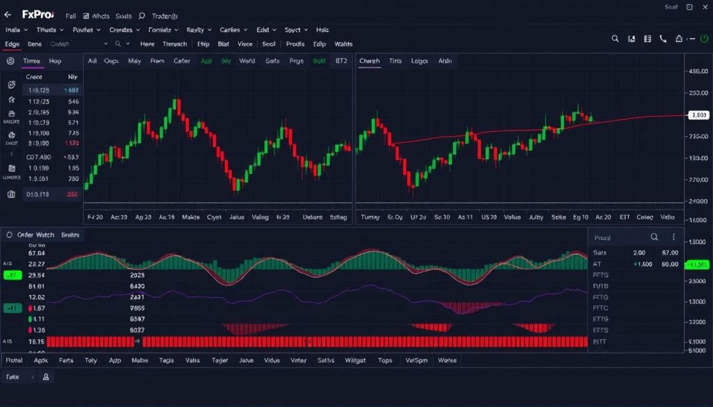FxPro Edge trading platform interface showing charts, order panels, and market watch features