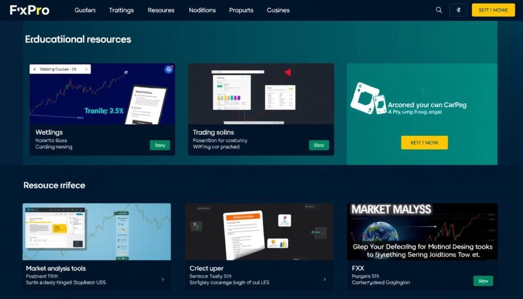 FxPro educational resources showing trading courses and analysis tools