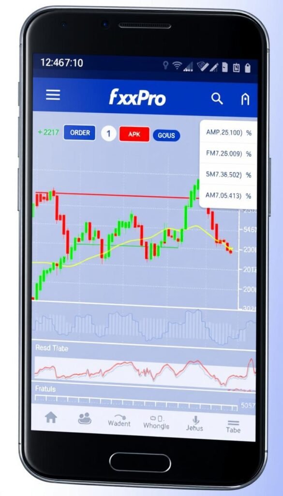 FxPro mobile app showing real-time forex chart analysis