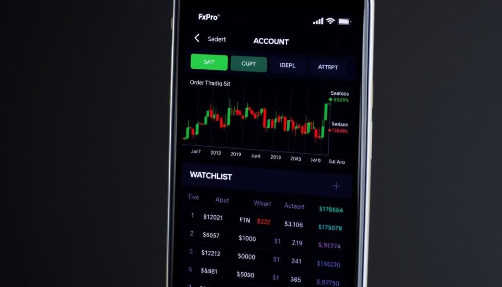 FxPro mobile trading app interface showing charts and trading features