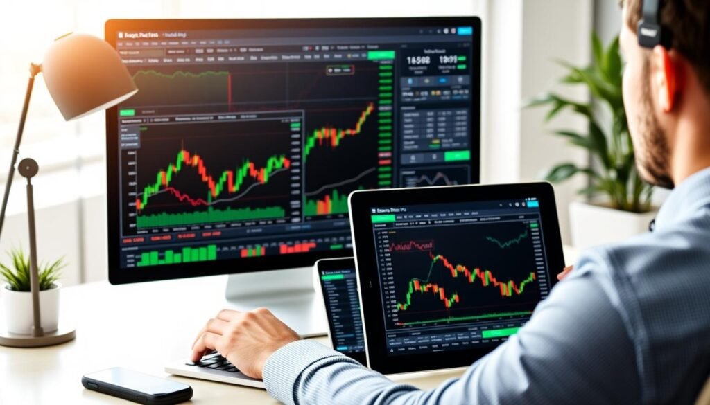 JustMarkets Broker Review showing a trader using the platform on multiple devices