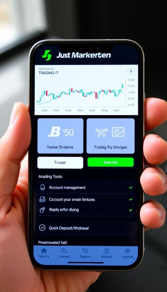 JustMarkets Broker Review showing the proprietary mobile app with trading features