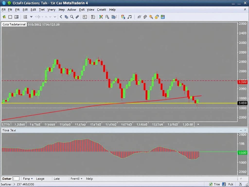 MetaTrader 4 platform with OctaFX branding showing technical analysis tools