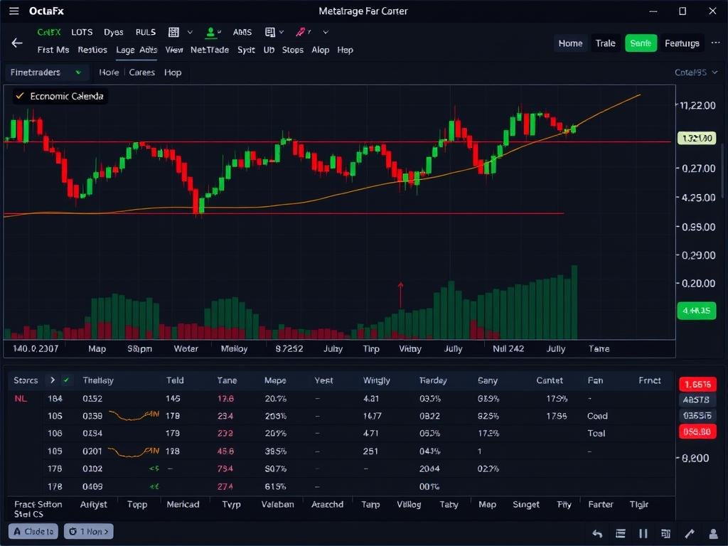 MetaTrader 5 platform with OctaFX integration showing advanced features