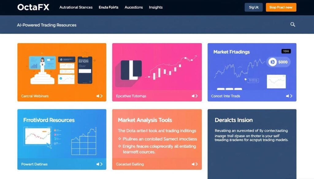 OctaFX educational resources showing webinars and market analysis tools