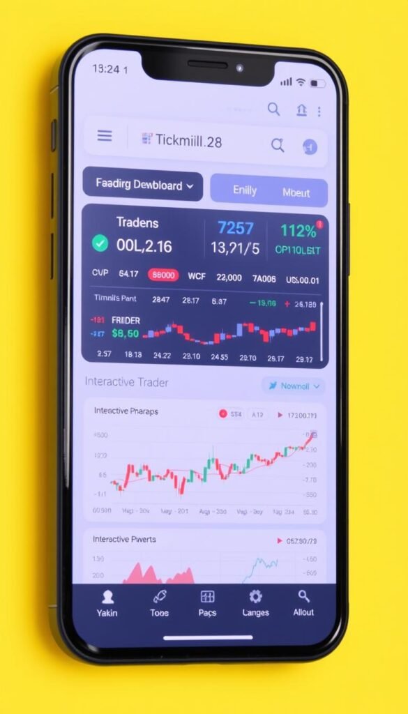 Tickmill Trader mobile app showing trading dashboard and charts
