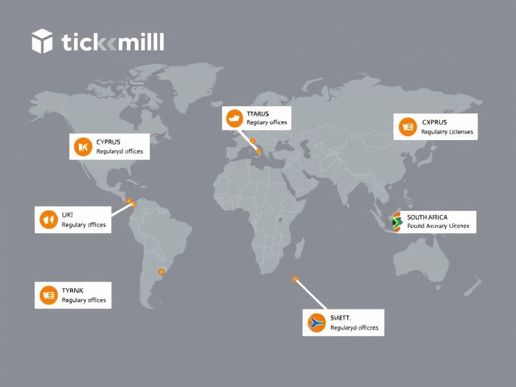 Tickmill global offices and regulatory licenses displayed on a world map