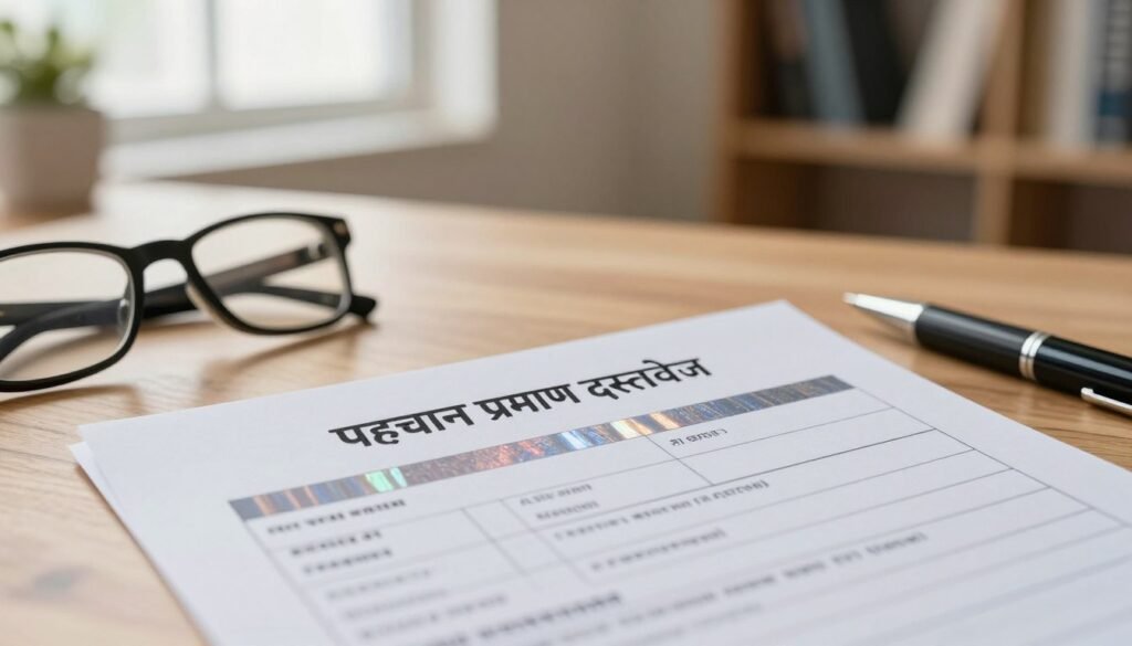 A close-up view of an official identification document titled "पहचान प्रमाण दस्तावेज" prominently displayed on a wooden table. The document features various security elements such as a watermark and a holographic strip, reflecting a sense of authenticity. In the foreground, there are items commonly associated with documentation, like a pair of reading glasses and a ballpoint pen, suggesting a professional setup. In the middle ground, soft natural light filters through a nearby window, creating a warm and inviting atmosphere. The background is blurred, hinting at a home office environment with a bookshelf and potted plants. The overall mood conveys preparation and organization for a serious task. A close-up view of an official identification document titled "पहचान प्रमाण दस्तावेज" prominently displayed on a wooden table. The document features various security elements such as a watermark and a holographic strip, reflecting a sense of authenticity. In the foreground, there are items commonly associated with documentation, like a pair of reading glasses and a ballpoint pen, suggesting a professional setup. In the middle ground, soft natural light filters through a nearby window, creating a warm and inviting atmosphere. The background is blurred, hinting at a home office environment with a bookshelf and potted plants. The overall mood conveys preparation and organization for a serious task.