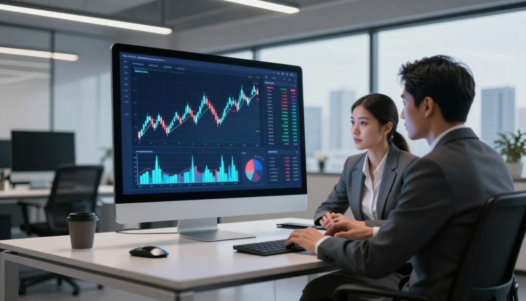 A modern digital trading platform interface displayed on a sleek laptop screen, featuring vibrant graphs and charts showcasing market trends, with glowing candlestick patterns. The scene is set in a professional office environment with a minimalist design, including a stylish desk, ergonomic chair, and ambient lighting that creates a motivational atmosphere. In the foreground, a pair of well-dressed professionals, one male and one female, are focused on the screen, both dressed in smart business attire. The background features a city skyline visible through large windows, emphasizing the connection to global financial markets. The image captures a sense of innovation and professionalism, inviting viewers to explore the world of trading.