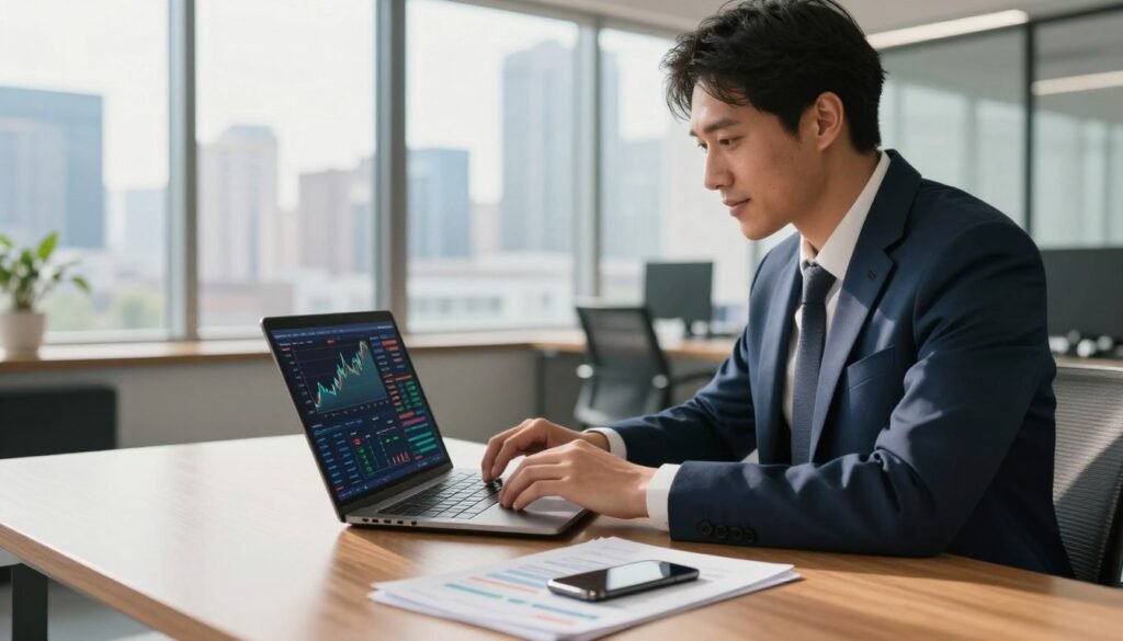 A modern office environment showcasing secure online trading. In the foreground, a confident business professional in a tailored navy suit is interacting with a sleek laptop, focused on market graphs and security features displayed on the screen. The middle layer features a polished wooden desk with financial documents and a smartphone. In the background, large windows reveal a city skyline under bright, natural daylight, enhancing the atmosphere of opportunity and success. Soft, warm lighting casts an inviting glow over the scene, while sharp details emphasize the high-tech feel of trading. The mood is optimistic and dynamic, reflecting trust and professionalism in secure online trading environments. A modern office environment showcasing secure online trading. In the foreground, a confident business professional in a tailored navy suit is interacting with a sleek laptop, focused on market graphs and security features displayed on the screen. The middle layer features a polished wooden desk with financial documents and a smartphone. In the background, large windows reveal a city skyline under bright, natural daylight, enhancing the atmosphere of opportunity and success. Soft, warm lighting casts an inviting glow over the scene, while sharp details emphasize the high-tech feel of trading. The mood is optimistic and dynamic, reflecting trust and professionalism in secure online trading environments.