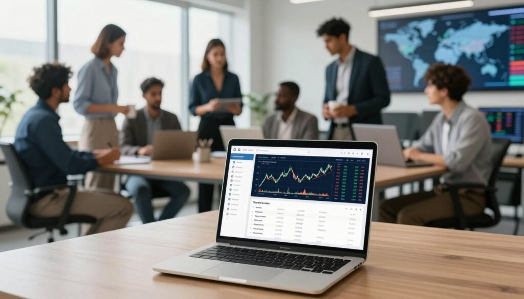 A modern trading platform interface displayed on a sleek laptop screen in the foreground, showcasing charts, real-time data, and user-friendly navigation. In the middle ground, a diverse group of professional traders, dressed in smart business attire, are engaged in discussion and analyzing market trends, with an atmosphere of collaboration and focus. The background features a bright, contemporary office space, complete with large windows letting in natural light and hints of digital global maps or market tickers on screens. The overall mood is dynamic and inspiring, capturing the essence of financial empowerment for Indian traders, emphasizing accessibility and innovation in trading. The image should have soft, natural lighting with a slight bokeh effect on the background, and a wide-angle perspective to capture the collaborative environment. A modern trading platform interface displayed on a sleek laptop screen in the foreground, showcasing charts, real-time data, and user-friendly navigation. In the middle ground, a diverse group of professional traders, dressed in smart business attire, are engaged in discussion and analyzing market trends, with an atmosphere of collaboration and focus. The background features a bright, contemporary office space, complete with large windows letting in natural light and hints of digital global maps or market tickers on screens. The overall mood is dynamic and inspiring, capturing the essence of financial empowerment for Indian traders, emphasizing accessibility and innovation in trading. The image should have soft, natural lighting with a slight bokeh effect on the background, and a wide-angle perspective to capture the collaborative environment.