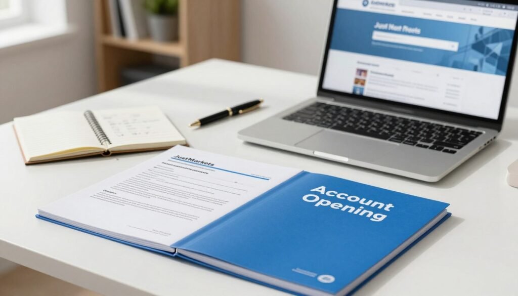 A neatly organized desk scene showcasing essential documents for creating a JustMarkets account. In the foreground, a stack of important papers with a blue folder labeled "Account Opening" prominently displayed. A laptop is open, displaying a user-friendly website interface. In the middle ground, a stylish pen and a notepad with handwritten notes about required documents lay next to the laptop. The background features a subtle hint of a modern office with a soft-focus bookshelf and a potted plant, creating a professional atmosphere. Natural light pours in from a window, casting gentle shadows and enhancing the inviting mood. The photo is shot from a slightly elevated angle to capture the overall arrangement clearly.
