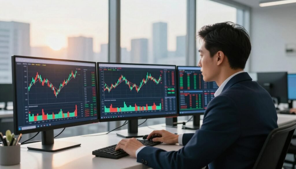 A professional trader in a sleek office setting, eagerly analyzing CFD trading charts on a large screen. In the foreground, the trader, dressed in smart business attire, is focused on the fluctuating graphs, displaying vibrant colors in red and green. The middle ground features multiple monitors with real-time data, candlestick patterns, and technical indicators, creating a sense of dynamic activity. The background shows a panoramic view of a city skyline through large windows, with soft sunlight casting a warm glow on the scene, creating an optimistic and motivated atmosphere. The overall mood conveys professionalism and confidence, suitable for illustrating a sophisticated trading platform. A professional trader in a sleek office setting, eagerly analyzing CFD trading charts on a large screen. In the foreground, the trader, dressed in smart business attire, is focused on the fluctuating graphs, displaying vibrant colors in red and green. The middle ground features multiple monitors with real-time data, candlestick patterns, and technical indicators, creating a sense of dynamic activity. The background shows a panoramic view of a city skyline through large windows, with soft sunlight casting a warm glow on the scene, creating an optimistic and motivated atmosphere. The overall mood conveys professionalism and confidence, suitable for illustrating a sophisticated trading platform.